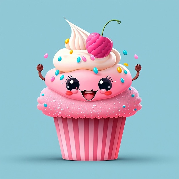 Personagem de cupcake de desenho animado bonito com glacê rosa e confeitos usando IA generativa