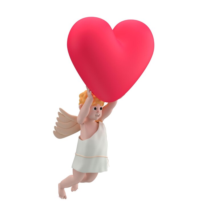 Foto personagem de cupido com asas voando sob um grande coração vermelho e segurando-o 3d render