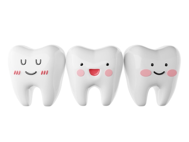 Personagem de dentes brancos em estilo de desenho animado fofo sorrindo alegremente, isolado em um fundo branco, renderização 3D