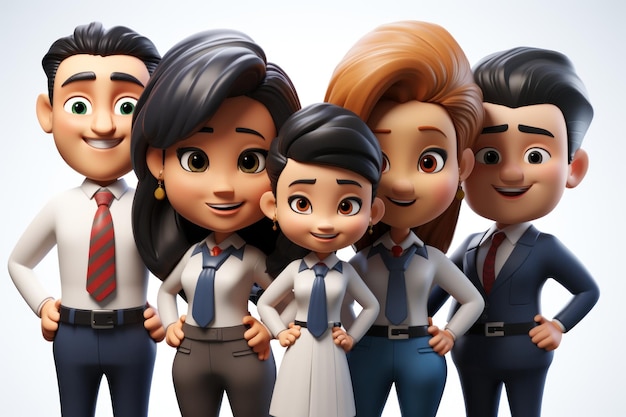 Personagem de desenho animado 3D bonito grupo multiétnico de jovens empresários oficial da equipe corporativa