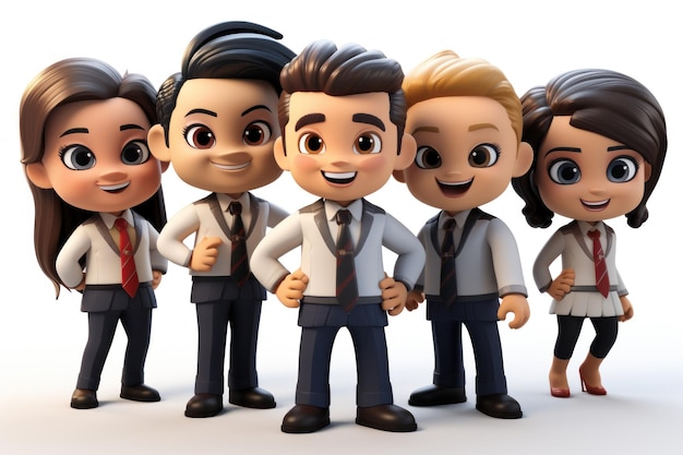 Personagem de desenho animado 3D bonito grupo multiétnico de jovens empresários oficial da equipe corporativa