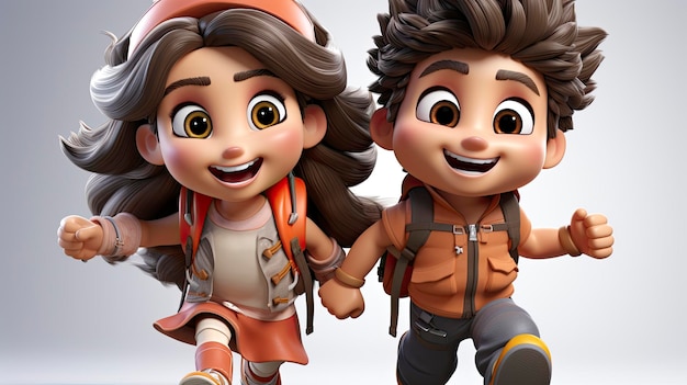 Personagem de desenho animado 3D de casal feliz se divertindo juntos, menino multiétnico e menina isolada em whi