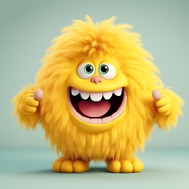 Personagem de desenho animado 3D de monstro peludo amarelo fofo