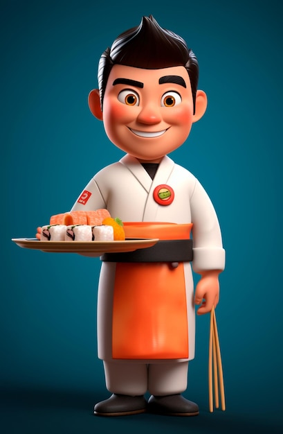 Personagem de desenho animado 3D de um chef de sushi