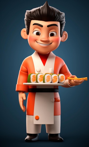 Personagem de desenho animado 3D de um chef de sushi