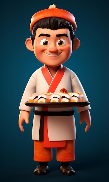 Personagem de desenho animado 3D de um chef de sushi