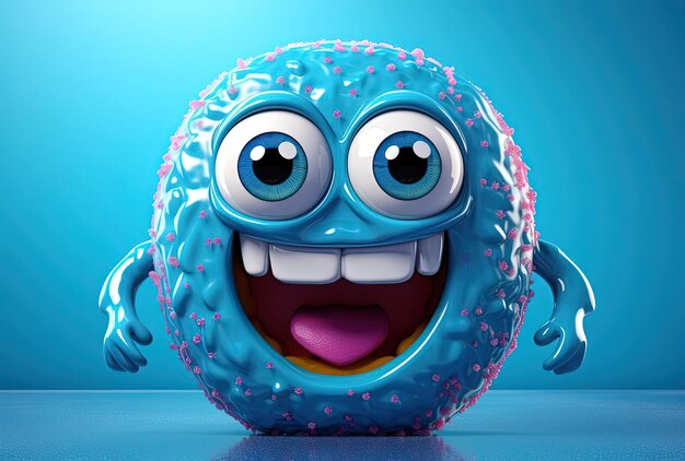 Personagem de desenho animado 3D de um donut com grandes olhos em cor azul fofo no estilo de pierre