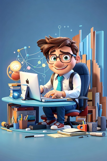 Personagem de desenho animado 3D e computador com páginas abertas, painel de otimização de SEO de análise da Web e relatório de finanças de negócios ilustração de renderização em 3D