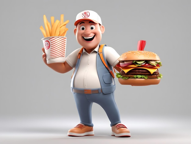 Personagem de desenho animado 3D Entrega de comida rápida em fundo branco transparente