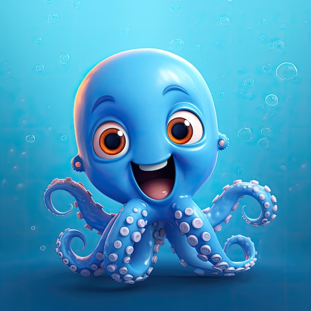 Personagem de desenho animado 3D feliz bonito bebê polvo no oceano