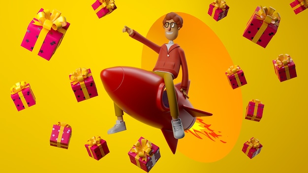 Personagem de desenho animado 3D jovem feliz voando sentado em um foguete sobre fundo amarelo com presentes