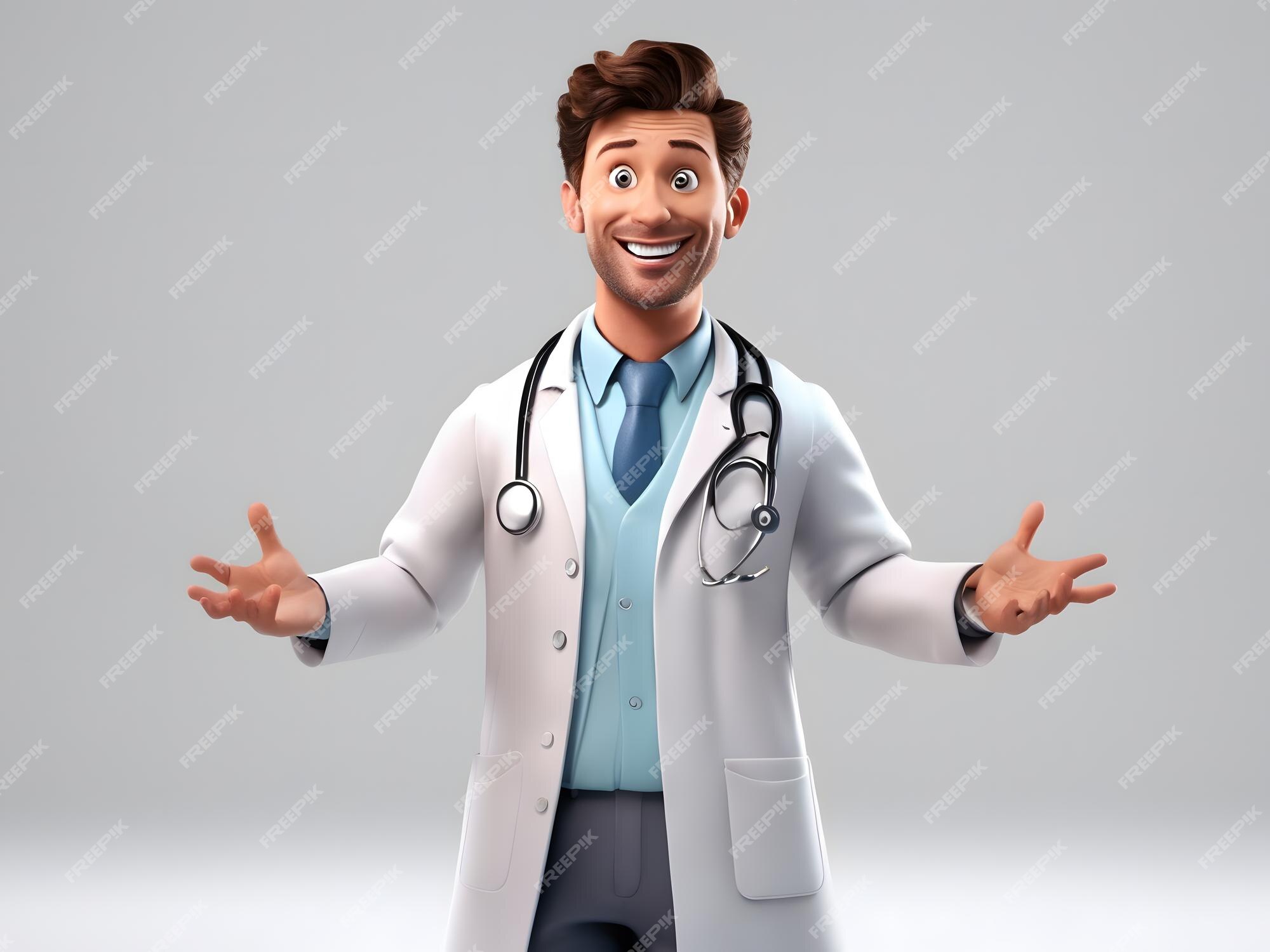 Um personagem de desenho animado médico masculino em fundo branco