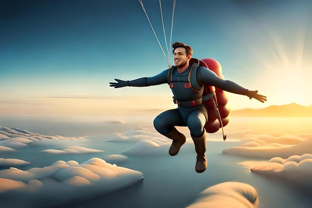 Foto personagem de desenho animado 3d masculino paraquedismo