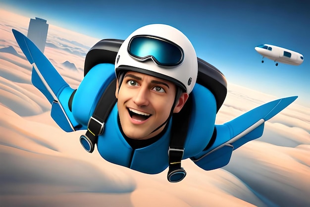 personagem de desenho animado 3d masculino paraquedismo