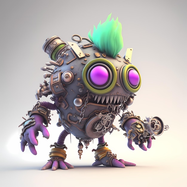 Personagem de desenho animado 3D Monster steampunk com corpo robótico