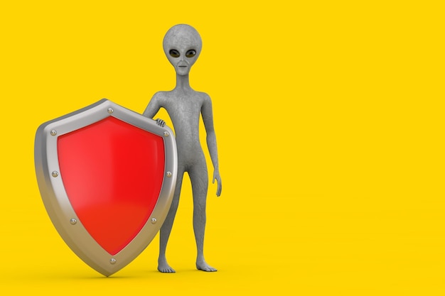 Personagem de desenho animado alienígena humanóide assustador cinza mascote com escudo de proteção de metal vermelho renderização em 3d