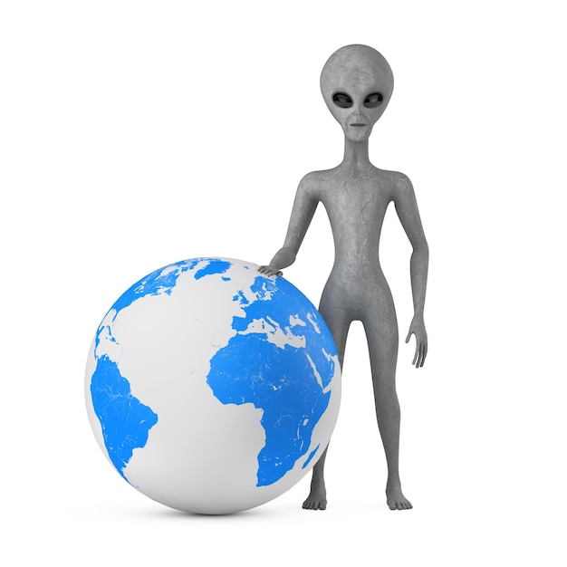 Personagem de desenho animado alienígena humanóide assustador cinza mascote pessoa com globo terrestre renderização em 3d