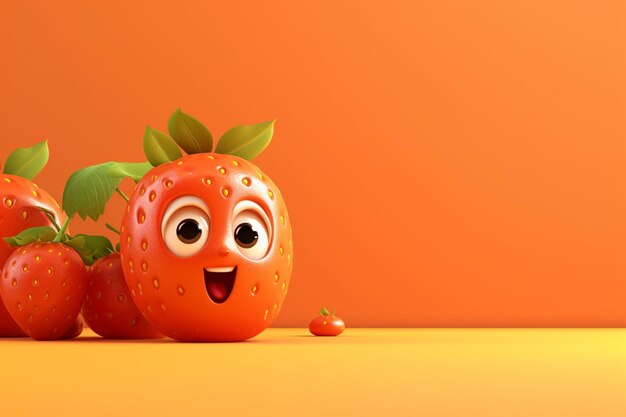 Foto personagem de desenho animado bonito de um morango 3d rendering ai