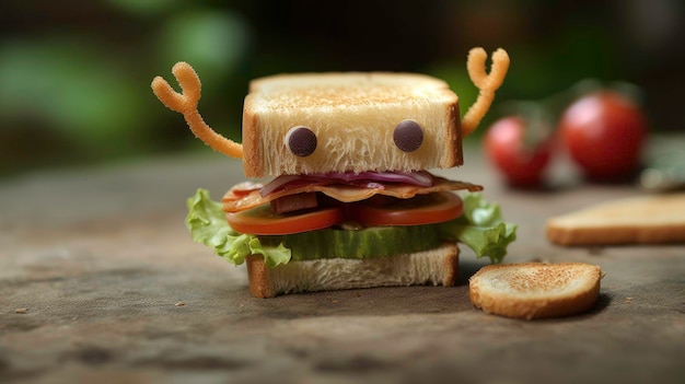 Personagem de desenho animado bonito de um sanduíche engraçado gerado por AI