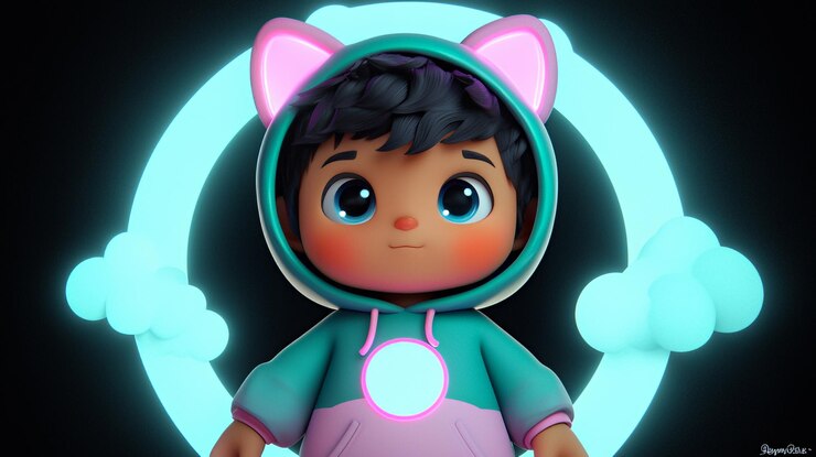 Foto personagem de desenho animado bonito em brilho de néon