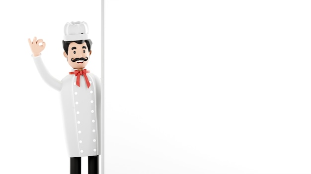 Personagem de desenho animado, chef com banner, maquete de menu vazio. O chef alegre sorri. Renderização 3D.