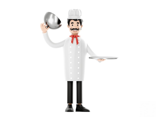 Personagem de desenho animado, chef com prato e concha. O chef alegre sorri. Renderização 3D.