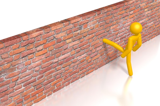 Personagem de desenho animado chutando a ilustração 3D do conceito de raiva da parede de tijolos