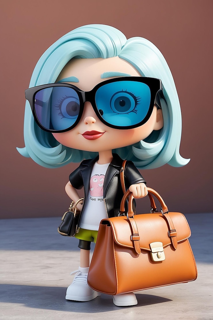 Foto personagem de desenho animado com bolsa e óculos de sol