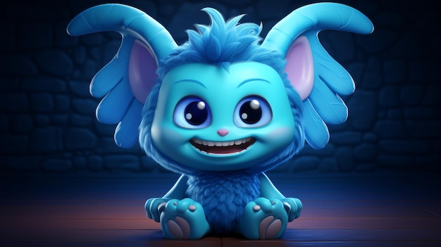 Personagem de desenho animado com cabelo azul e olhos grandes