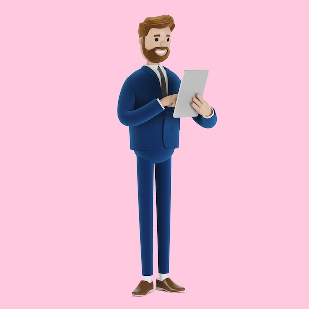 Personagem de desenho animado com um tablet nas mãos. ilustração 3d.