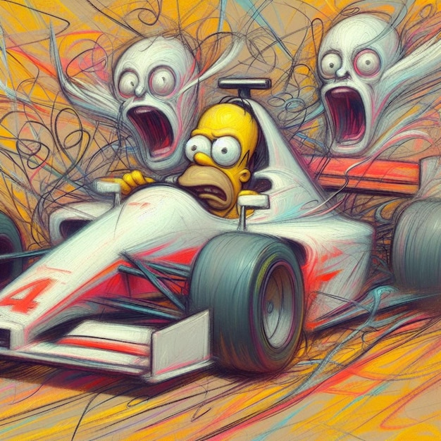 Foto personagem de desenho animado correndo um carro com fãs animados aplaudindo selvagemente no fundo uma ilustração