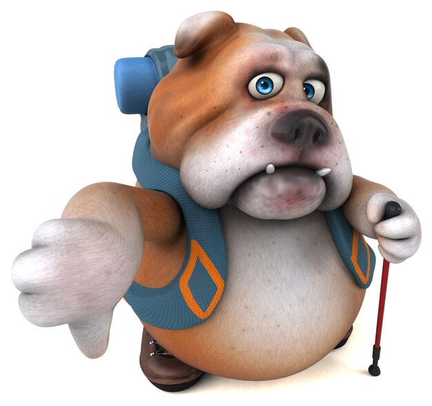 Personagem de desenho animado de buldogue mochileiro divertido