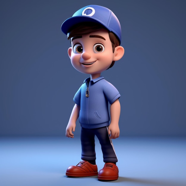 Foto personagem de desenho animado de camisa azul com boné de beisebol estilo pixar 3d