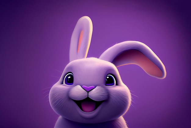 Personagem de desenho animado de coelho fofo e sorridente em fundo roxo