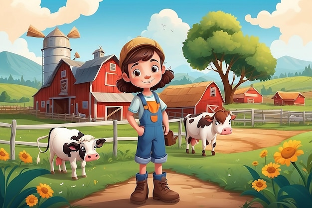 Personagem de desenho animado de criança com origem em uma fazenda de vacas