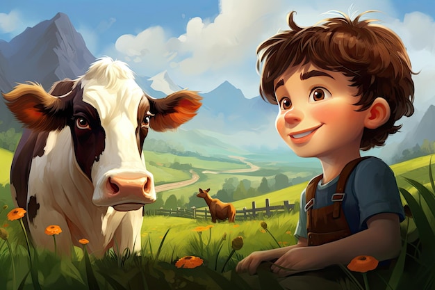 Personagem de desenho animado de criança com origem em uma fazenda de vacas