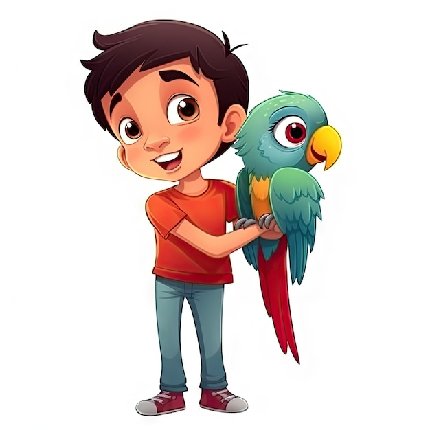 Personagem de desenho animado de criança segurando pássaro no fundo branco