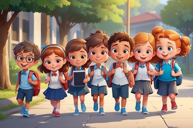 Personagem de desenho animado de crianças que vão para a escola felizes de volta à escola conceito