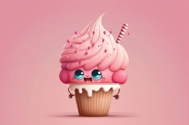 Personagem de desenho animado de cupcake rosa isolado generativo Ai