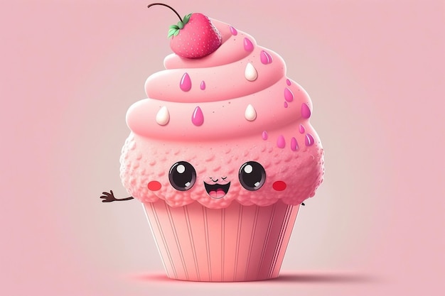 Personagem de desenho animado de cupcake rosa isolado generativo Ai
