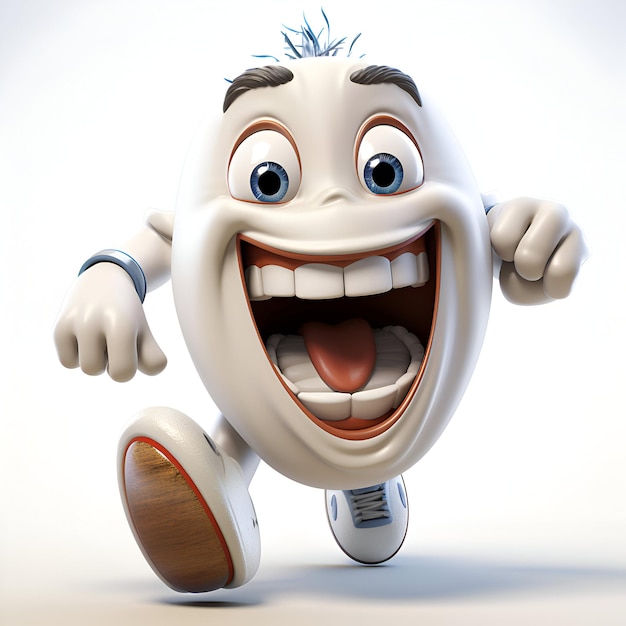 Personagem de desenho animado de dente com expressão feliz em fundo branco ilustração 3D