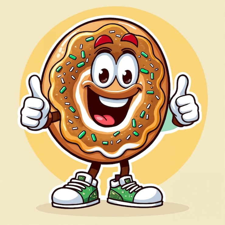 Foto personagem de desenho animado de donut sorridente com o polegar para cima