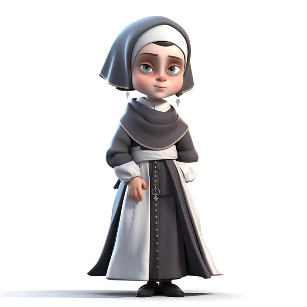 Personagem de desenho animado de freira com renderização em 3d de fundo branco