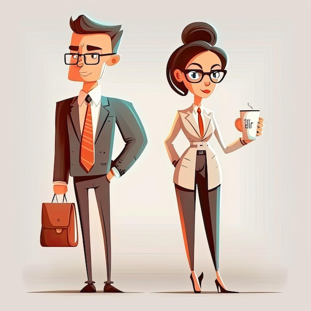 Personagem de desenho animado de homem de negócios com mulher de negócios segurando bolsa e xícara de café em fundo branco feito por inteligência artificial AI