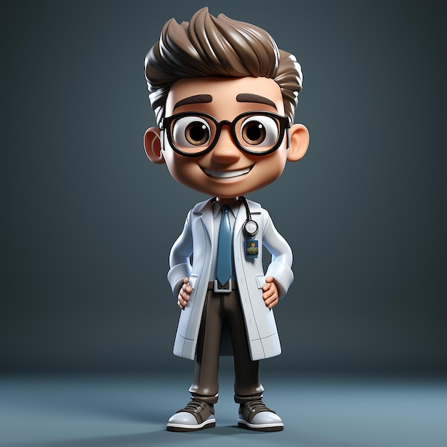 Personagem de desenho animado de médico 3D de pé e vestindo uniforme completo de médico e ferramentas isoladas nas costas cinzentas