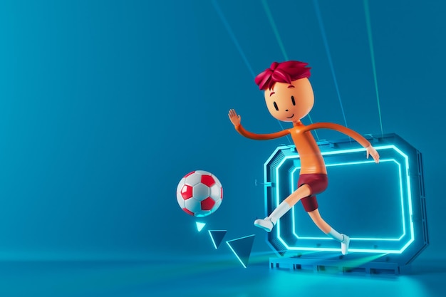 Personagem de desenho animado de menino 3d dentro da ação de futebol