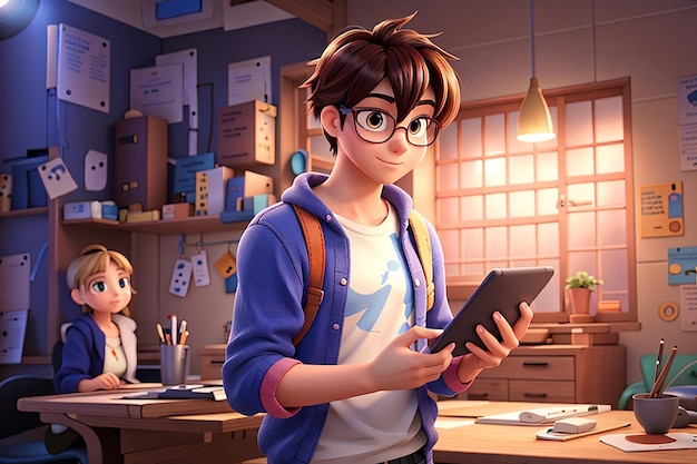 Personagem de desenho animado de menino jovem anime com um tablet em mãos ilustração 3d