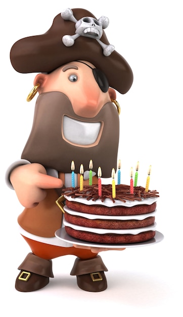 Personagem de desenho animado de pirata divertido com um bolo de aniversário