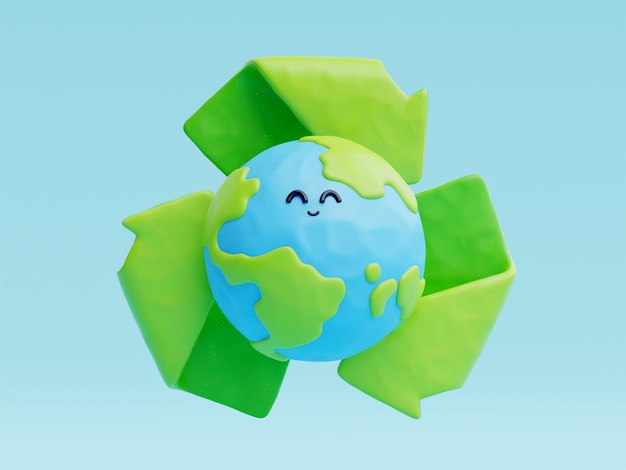 Foto personagem de desenho animado de terra fofa em 3d mundo dia do meio ambiente salvar planeta e renderização em 3d ecológica de energia