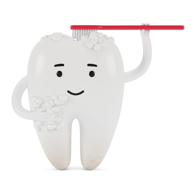 Personagem de desenho animado de um dente com uma escova de dentes. O conceito de exame odontológico dos dentes, saúde bucal e higiene. ilustração 3D.